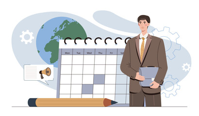 Businessman with calendar and globe background. Vector illustration