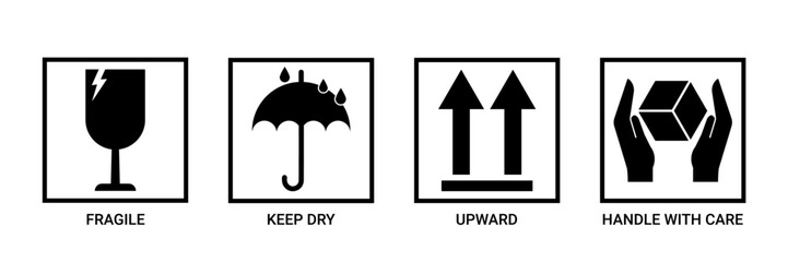 Packaging Safety Label Icons Set Fragile, Keep Dry, This Side Up, Handle with Care Symbols for Shipping Boxes