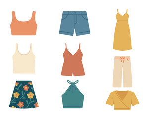 Summer Clothing Icons. Flat icon set of trendy summer clothes: crop top, denim shorts, maxi dress, tank top,