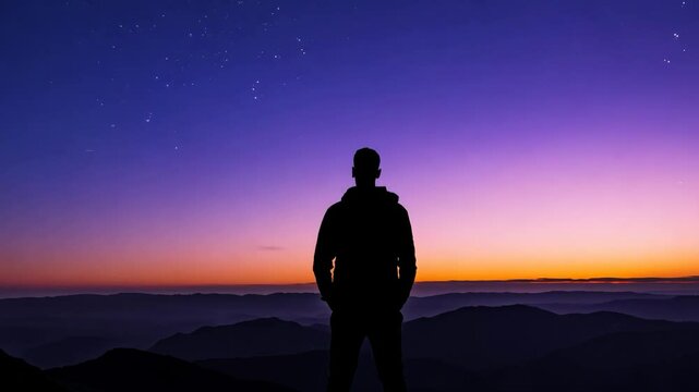 Silhouette of man standing still watching colorful sunset over mountains in timelapse footage - symbol of solitude journey and inner reflection concept