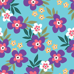 Seamless floral pattern, colorful ditsy print, abstract ornament in retro folk motif. Pretty decorative art botanical design of hand drawn large, small flowers, leaves, wild herbs. Vector illustration