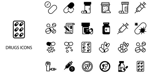 Drugs simple concept 24 color icons set .Vector illustration.