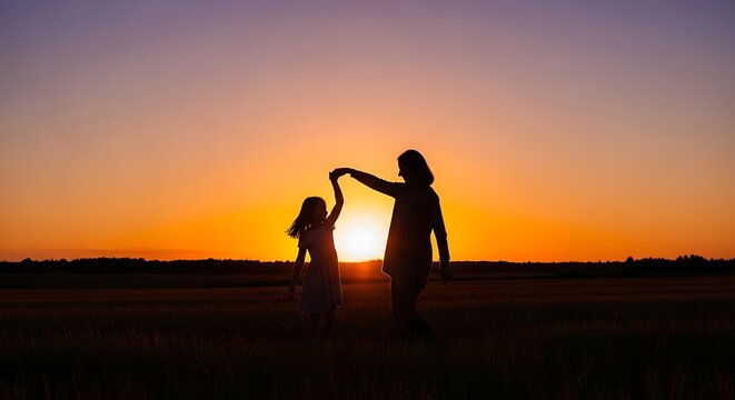 Silhouette of a mother and daughter dancing in a field at sunset - A heartwarming moment of love and connection in nature. - Powered by Adobe