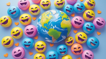 Happy smiling faces surround a vibrant planet earth with orange hearts