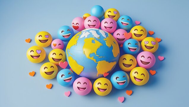 Happy smiling emojis surround the earth globe with hearts celebrating global happiness and connection