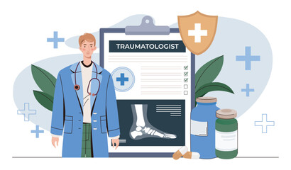 Traumatologist doctor with medical tools. Vector illustration