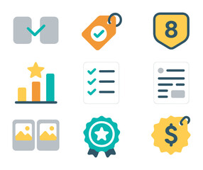 Shopping Comparison Icons. Flat icon set of shopping comparison features: compare icon, price match tag,