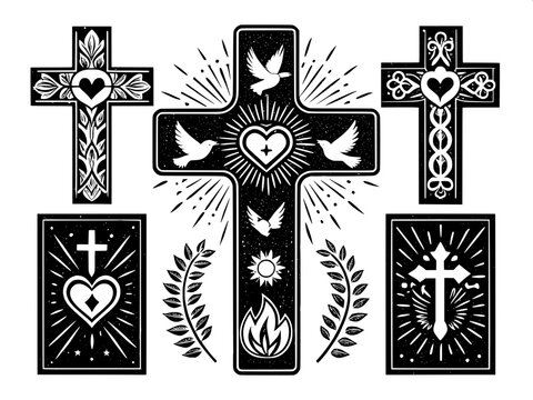 A set of stylized black Christian crosses with symbolic patterns. Some incorporate doves, hearts, flames, or rays within or around the cross design. The composition remains symmetrical and monochrome,