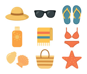 Beach Essentials Grid. Flat icon set of beach holiday essentials: straw hat, sunglasses, flip-flops, sunscreen