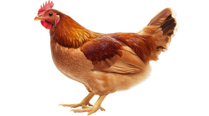 Fototapeta premium Brown domestic chicken standing upright side view isolated on white background