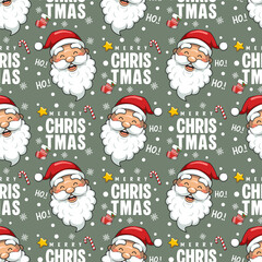 Seamless Pattern Merry Christmas Head Santa Claus On Green Background, Vector Cartoon Illustration