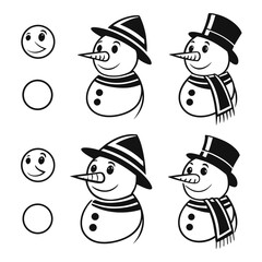 Snowman faces with hats and scarves silhouette winter