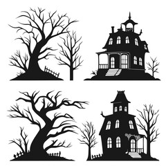 Spooky haunted mansion and bare trees silhouettes eerie