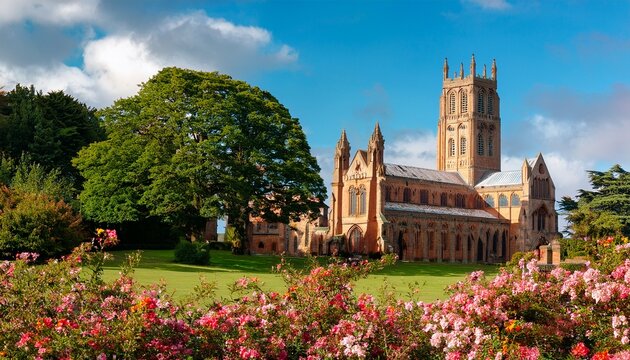 view of the church of exeter with flowers in the foreground