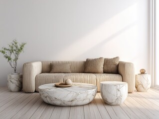 Minimalist living room with beige sofa, marble coffee table and side tables, and potted plant, bathed in sunlight