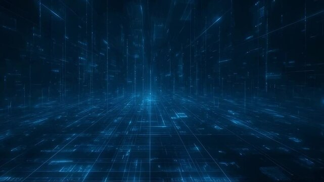 Blue digital grid space with futuristic depth and perspective effect - abstract motion background for technology design and virtual data visualization