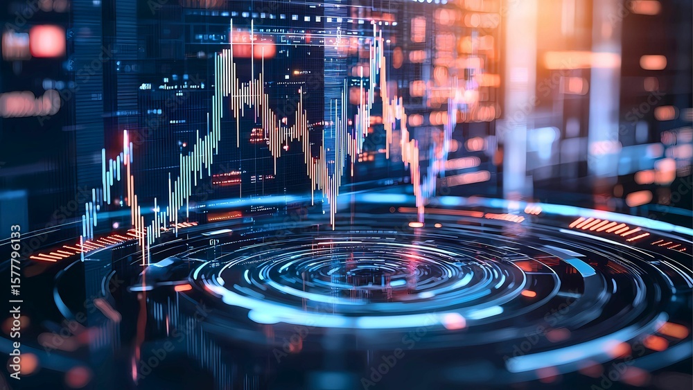 Poster an abstract view of a financial chart with futuristic technology. displaying lines and patterns that