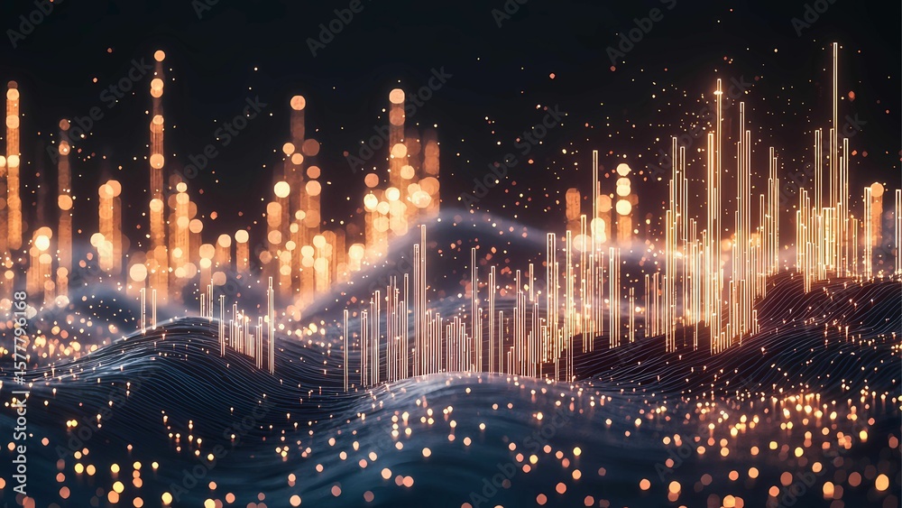 Poster dynamic data visualization with glowing particles, representing abstract technological innovation. t