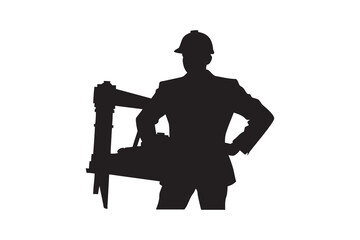 Silhouette of a Confident Construction Worker Carrying a Ladder Wearing a Hard Hat and Suit Isolated on a White Background Professional Look