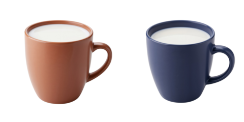 Two ceramic mugs filled with milk in different colors isolated on transparent background 