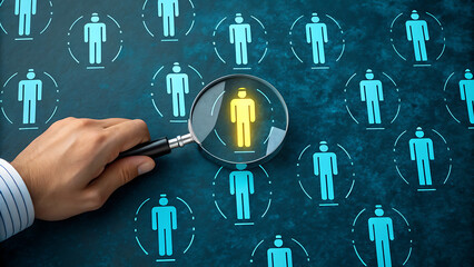 A magnifying glass focuses on a highlighted figure among a group of people icons, representing recruitment and talent acquisition