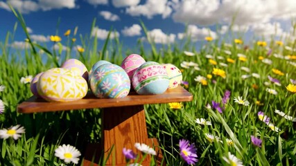 easter podium with painted eggs and spring meadow, looping video