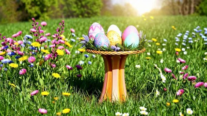 easter podium with painted eggs and spring meadow, looping video