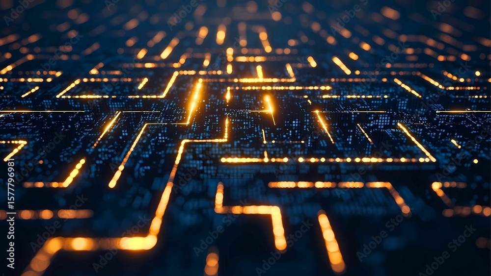 Poster abstract close-up of illuminated circuit board with interconnected lines, conveying the concepts of 