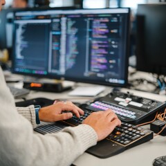 A focused individual writing code on a laptop in a modern workspace.