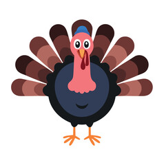 Cartoon turkey with fanned tail feathers and blue hat bird illustration