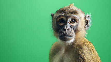 Fototapeta premium Close-up of a curious monkey against a vibrant green background, showcasing its expressive features