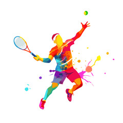 Colorful Tennis Player Vector Art &ndash; Watercolor Silhouette of Athlete Serving with Racket and Ball &ndash; Abstract Sports Illustration for Design Projects

