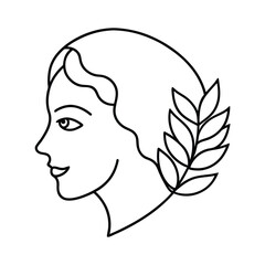 Handdrawn profile a woman with laurel branch outline on face head