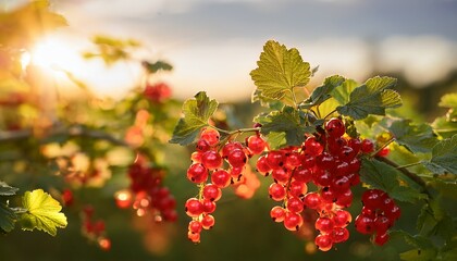 bountiful clusters of ripe red currants glistening in the golden sunlight of a summer s evening