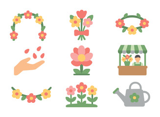 Fototapeta premium Floral Festival Icons. Flat icon set of flower festivals: flower arch, bouquet, floral crown, petal toss,