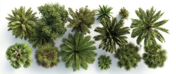 Overhead view of diverse lush green tropical foliage, various sizes and shapes of trees and shrubs against a white background