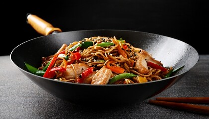 wheat noodles with black sesame fried in a wok with chicken and vegetables front view