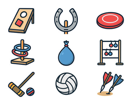 July 4th Yard Games. Flat icon set of July 4th yard games: bean bag toss, horseshoe, frisbee, ring toss, water