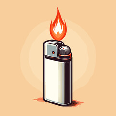 Stylized lighter with a flame, retro design, vibrant colors, digital illustration, copy space