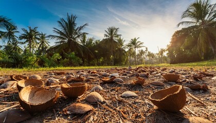 coconut shells scattered on the ground near a tropical palm grove during a sunny afternoon