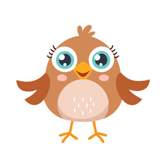 Cute cartoon brown bird with big blue eyes and orange beak animal avian