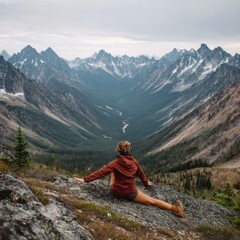 Naklejka premium A hiker stretches in nature, enjoying the serene landscape.
