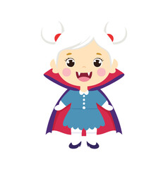 Cute cartoon vampire girl in blue dress and cape halloween