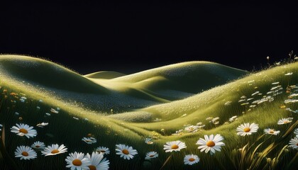 3d rendered mountain meadow hills isolated on black background patch of green grass lands with daisy flowers 3d grassland scene