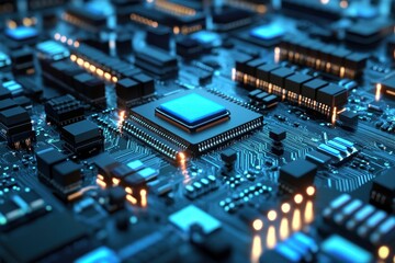 Obraz premium computer chips assembly line in manufacturing plant, Computer chips being assembled on a manufacturing line in a factory setting