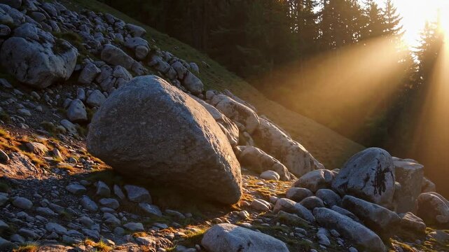 Empty tomb at sunrise with rolling stone and sunbeams