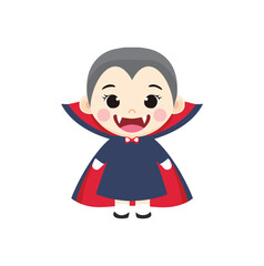 Cute cartoon vampire with fangs and cape halloween character