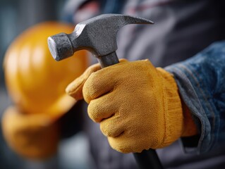 Close-up of construction worker is hands in safety gloves, holding a hammer or wrench. Hard work, craftsmanship.