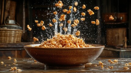 Crispy cereal bursts from bowl