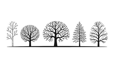 Fototapeta premium Minimalist vector illustration featuring a series of black tree silhouettes on a plain white background, easily editable and scalable.